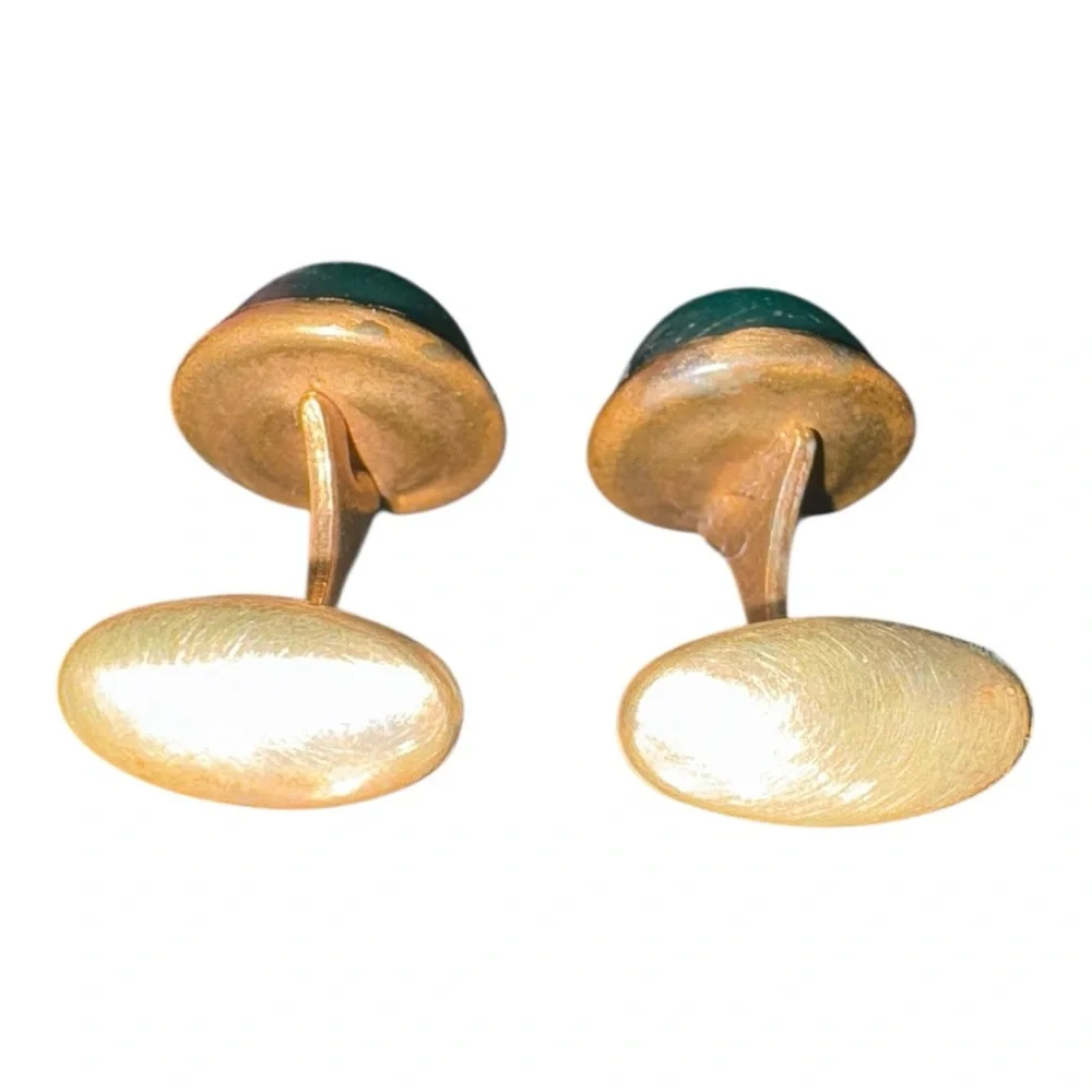 Vintage Green Glass Cabochon Cufflinks Gold Tone Retro Mid-Century Style J17